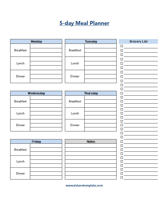 Organized 5-day meal planner template with sections for breakfast, lunch, and dinner for each day of the week, allowing for efficient meal planning.