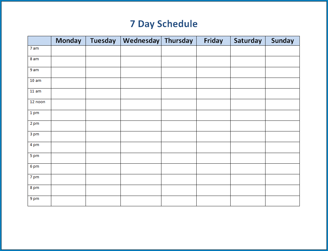 7 Day Schedule Template