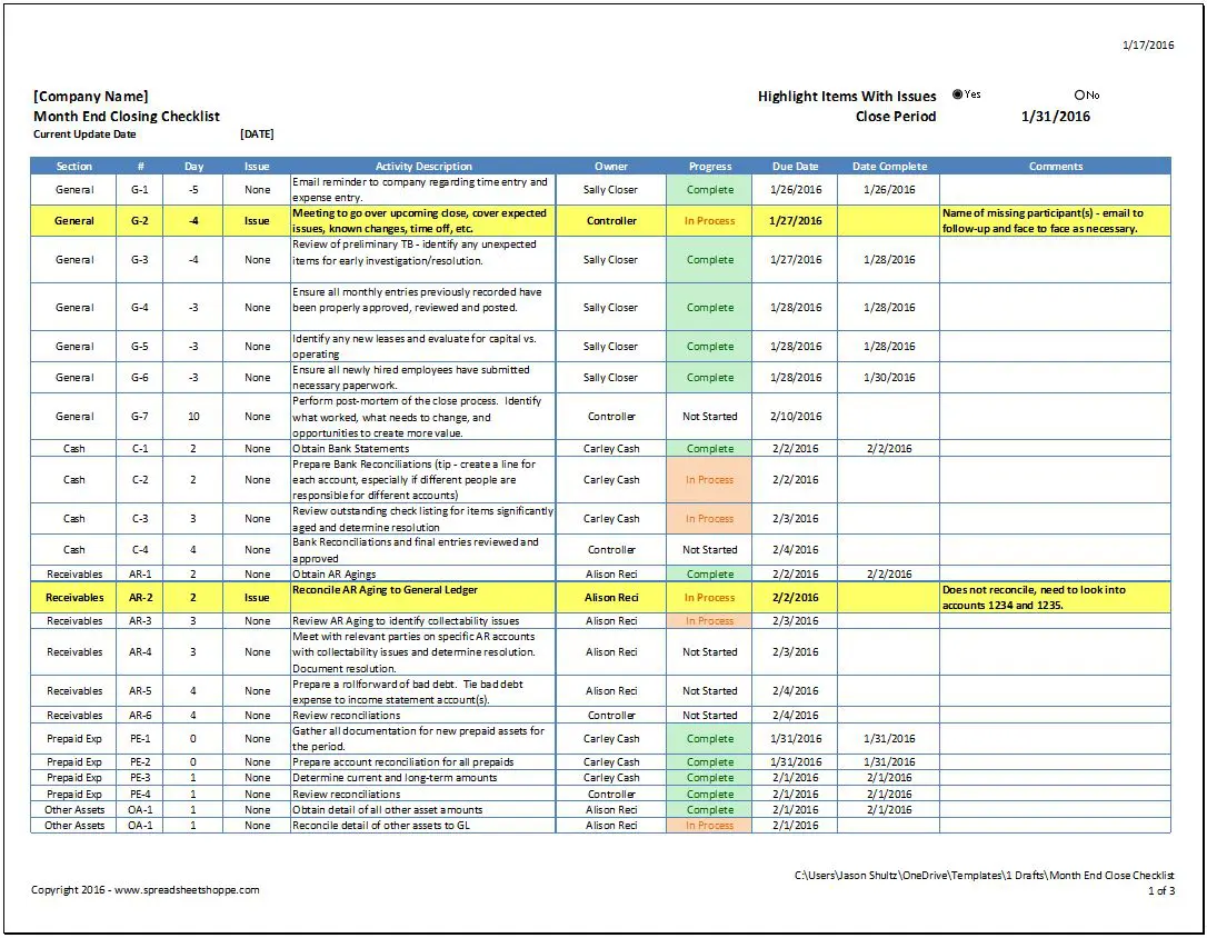 Accounting Month End Checklist Template Example