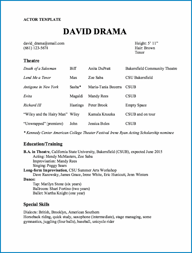 Acting Resume Template No Experience Example