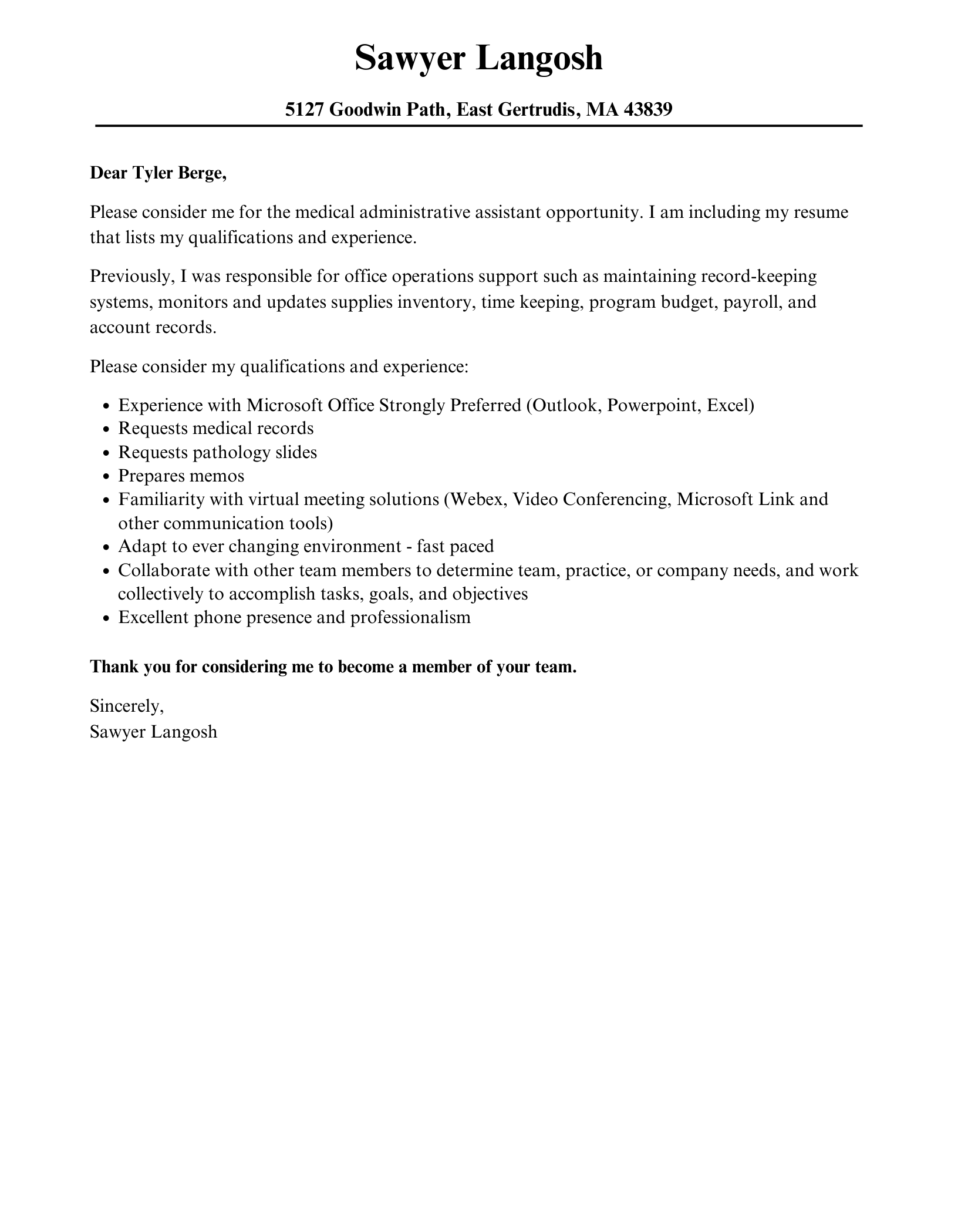 Administrative Assistant Cover Letter Template Example