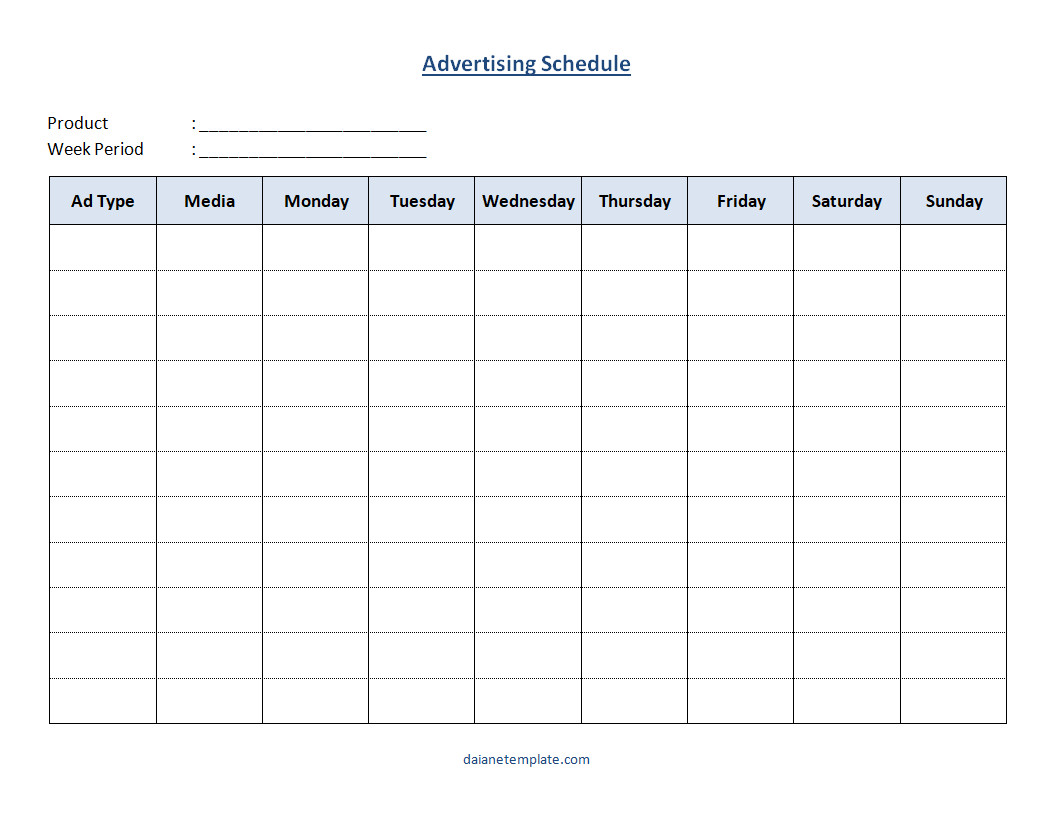 Customizable advertising schedule template for planning marketing campaigns and media placements.