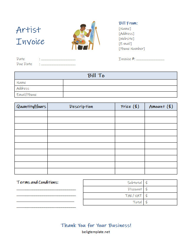 Customizable artist invoice template with creative elements, invoice number, due date, and space for artist’s contact information and logo.