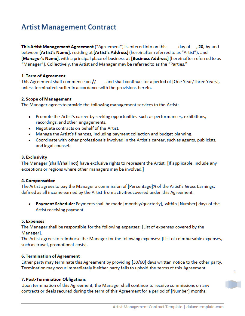 Artist Management Contract Template Layout Showing an Organized Format for Structuring Artist-Manager Agreements and Compensation