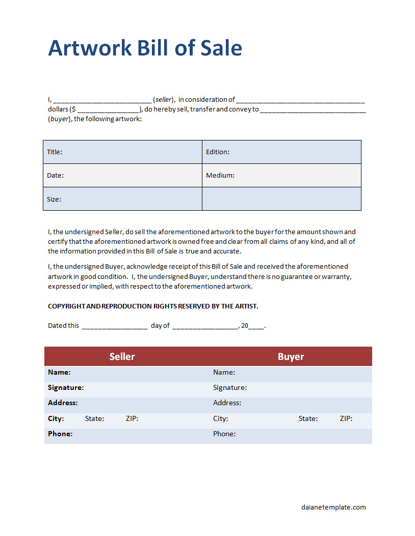 Artwork Bill of Sale Template with Sections for Buyer and Seller Information, Artwork Description, and Price