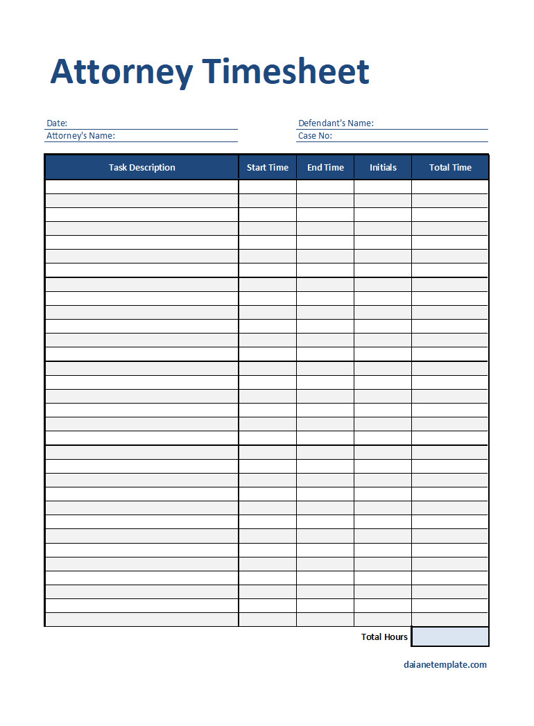 Attorney Timesheet Template with Sections for Recording Billable Hours