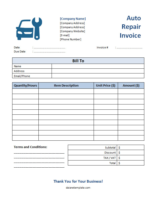 Professional auto repair invoice template for documenting vehicle repair services and charges.