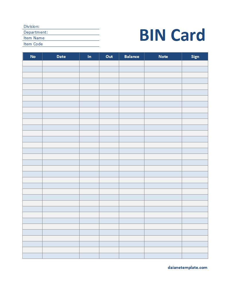 BIN Card Template with Sections for Item Description, Stock In and Out, and Balance Tracking