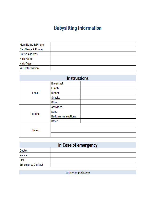 Customizable babysitting information sheet template featuring sections for parent contact, child’s routine, and special instructions.