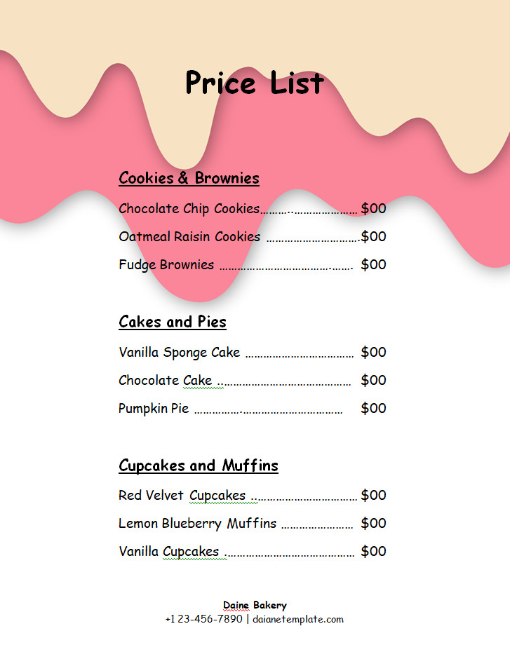 Bake Sale Price List Template with Sections for Item Names, Prices, and Descriptions