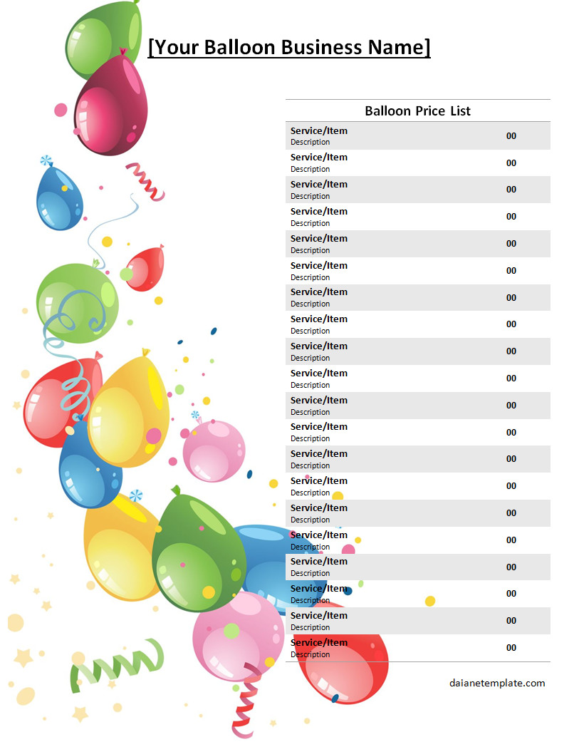 Editable Balloon Price List Template with Spaces for Custom Balloon Packages and Their Prices