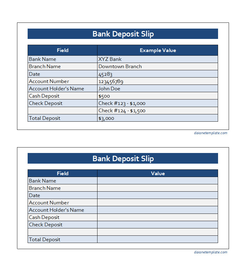 Bank Deposit Slip Template with Sections for Account Number, Date, Cash Amount, and Check Details