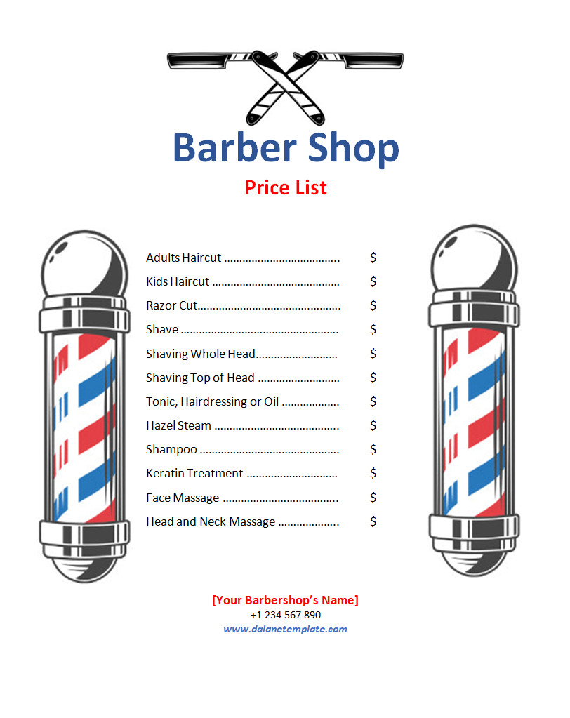 Editable Barber Shop Price List Template with Services like Haircuts, Trims, and Styling