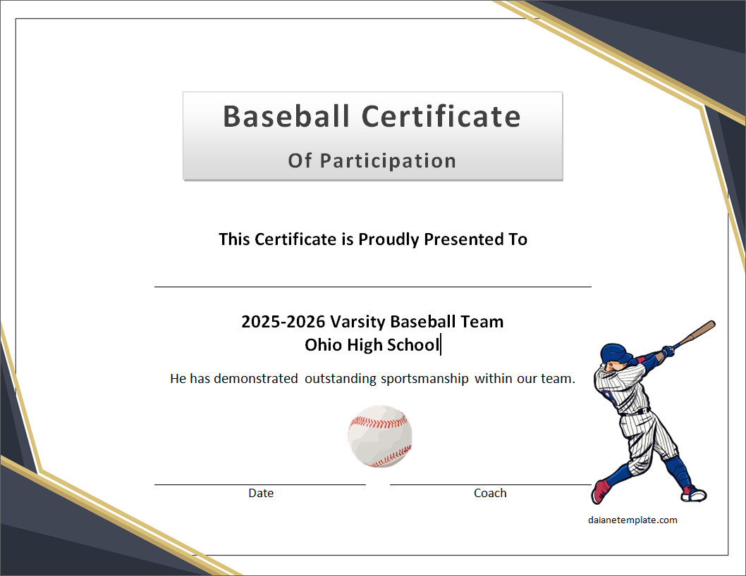 Editable Baseball Award Certificate Template with Customizable Fields for Team Name and Achievement