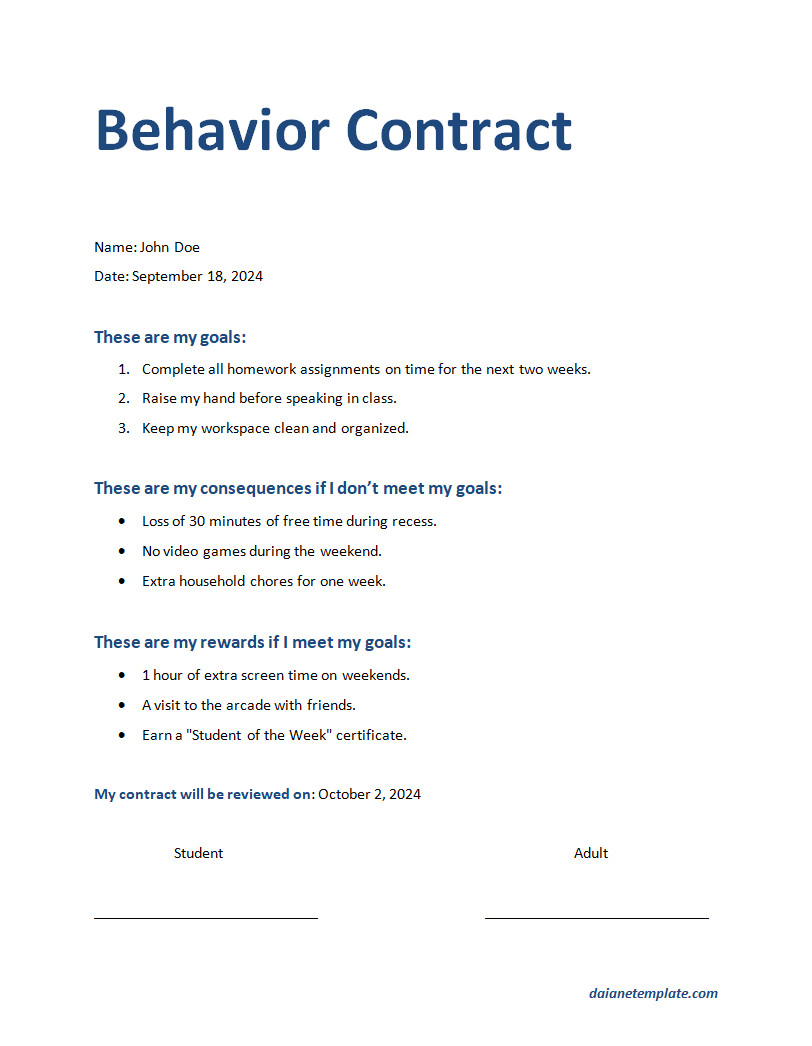 Customizable Behavior Contract Template with Signature and Goal Sections