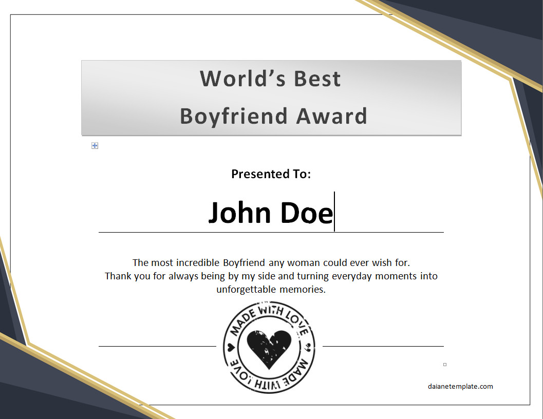 Best Boyfriend Award Certificate Template Featuring Customizable Sections for Name