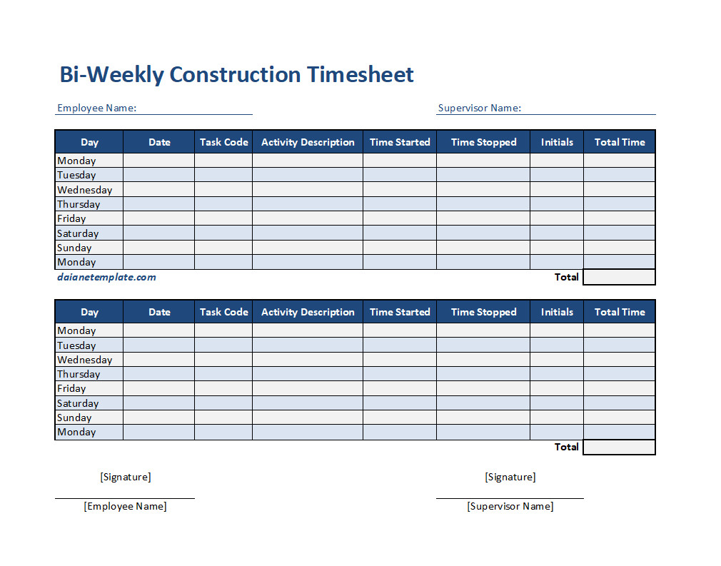 Bi-Weekly Construction Timesheet Template with Sections for Employee Name, Job Site, Hours Worked, and Task Description