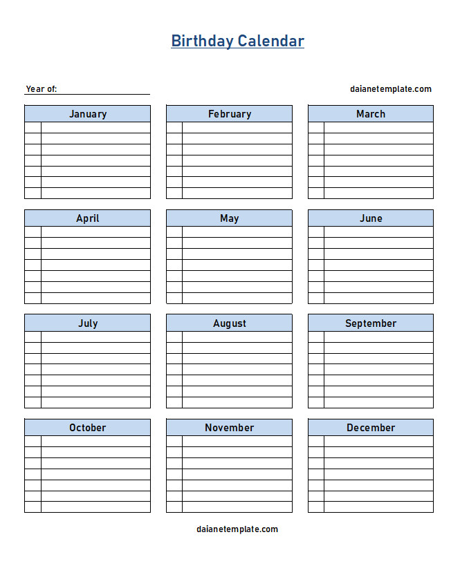 A birthday calendar template with monthly sections for listing names and birthdates, providing a clear overview of upcoming birthdays throughout the year.