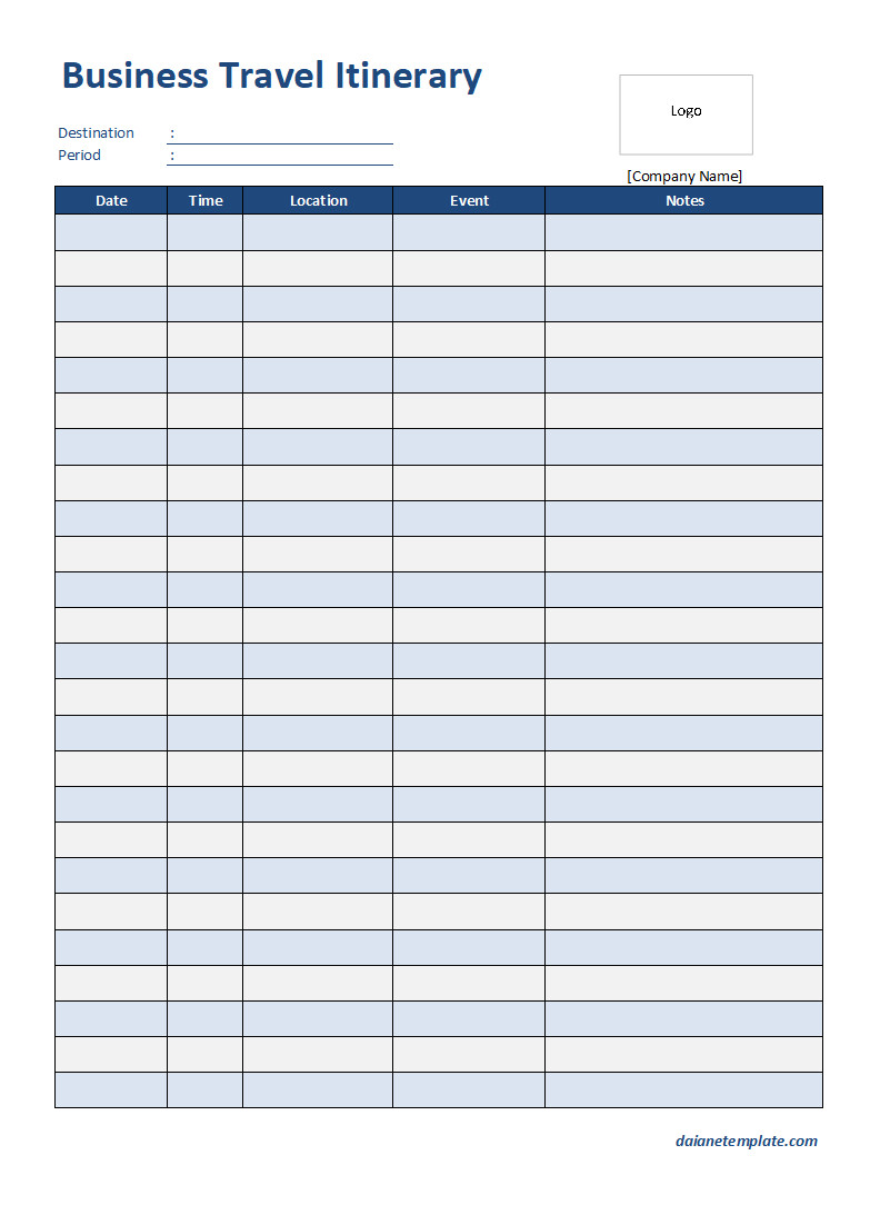 Business Travel Itinerary Template with Sections for Flight Details, Accommodation Information, and Meeting Schedules