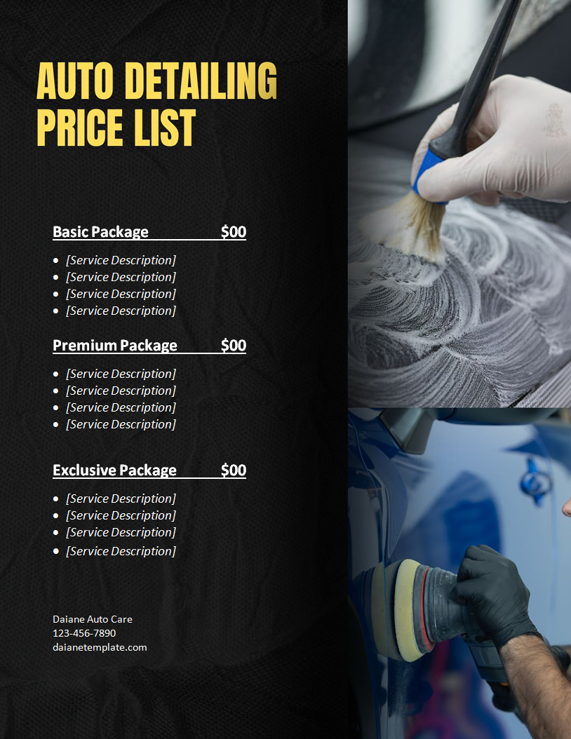 Customizable Car Detailing Price List Template with Clear Layout for Easy Pricing Display