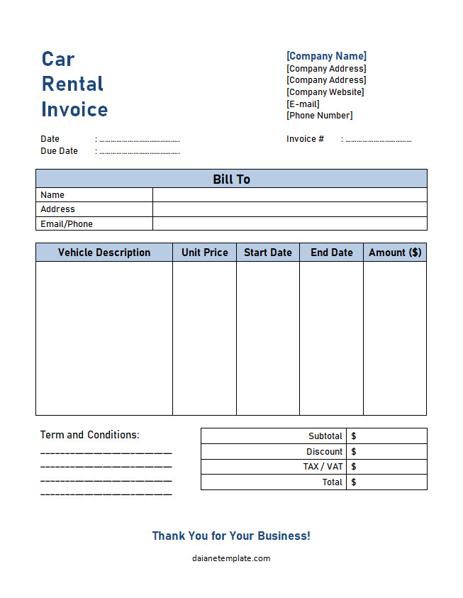 Free Printable Car Rental Invoice Template