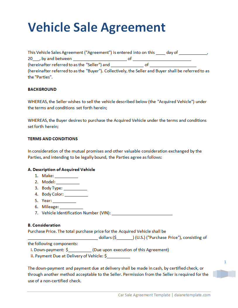 Car Sale Agreement Template Featuring Sections for Vehicle Information, Seller and Buyer Details, and Terms of Sale