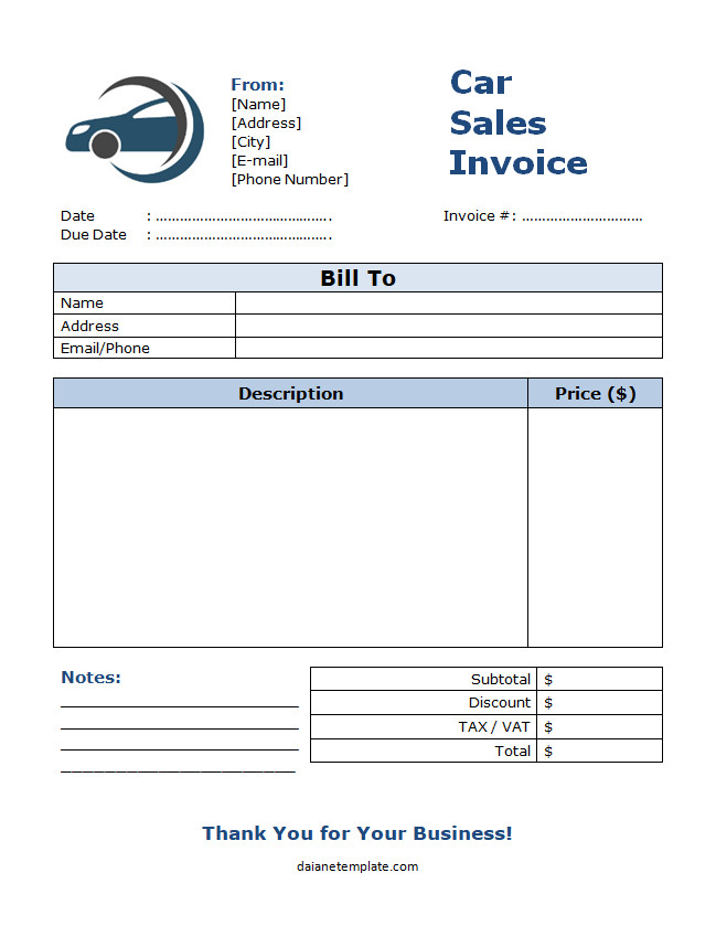 Car sales invoice template showing itemized costs and transaction details.