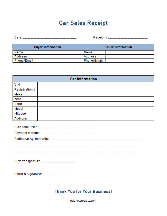 Professional car sales receipt template featuring sections for buyer and seller details, vehicle information, sale price, and payment terms.