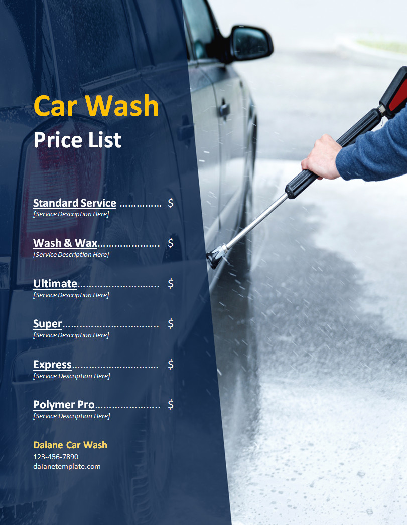 Customizable Car Wash Price List Template with Clear Layout for Pricing and Service Descriptions