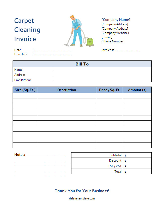 Editable carpet cleaning invoice template for billing carpet cleaning services.