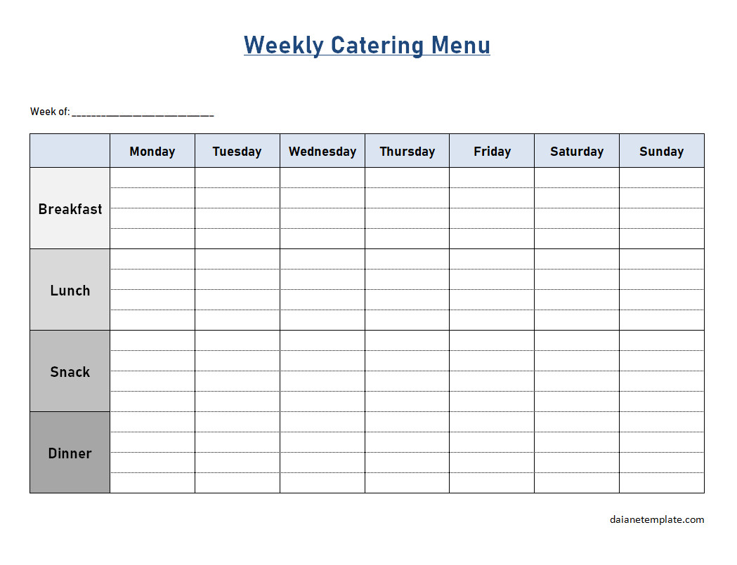 Organized catering menu template featuring breakfast, lunch, snack, and dinner sections weekly.