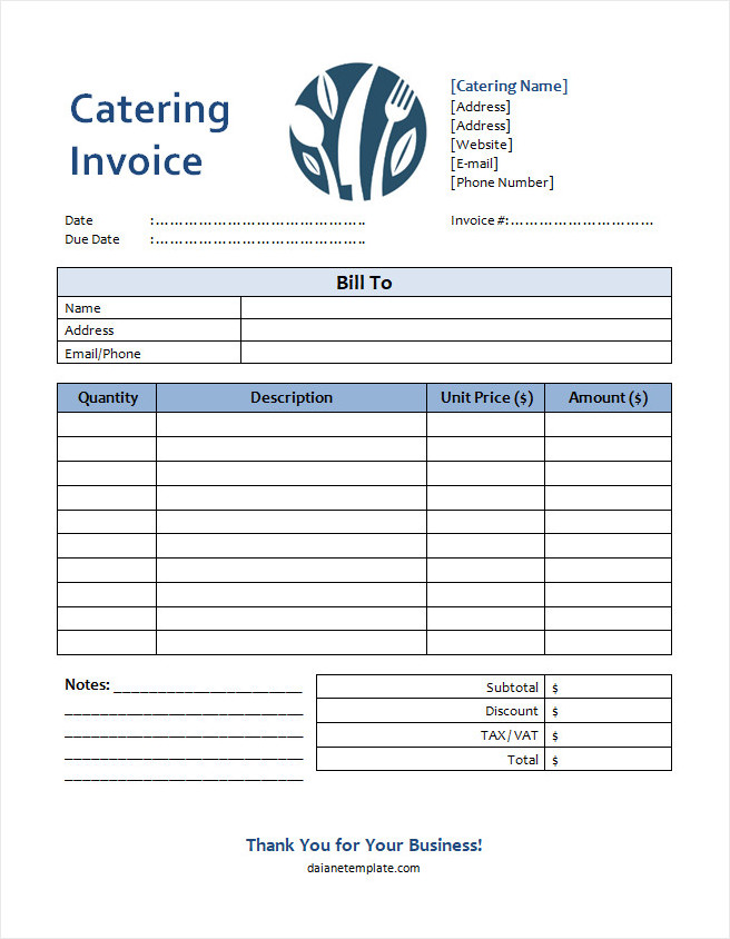 Editable catering service invoice template for documenting catering costs and details.