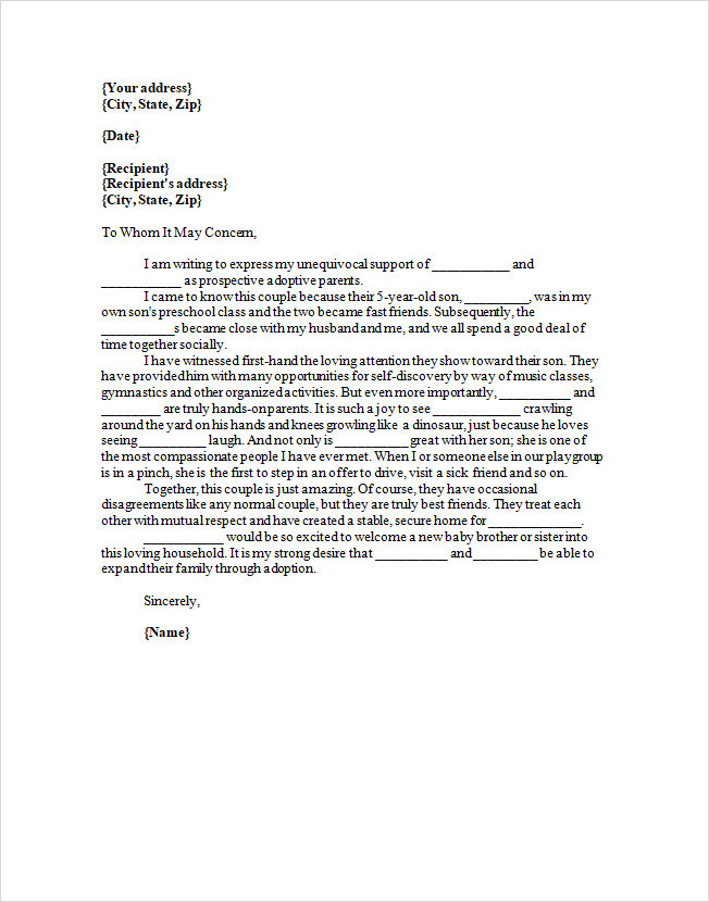 Character Reference Letter for Adoptive Parents