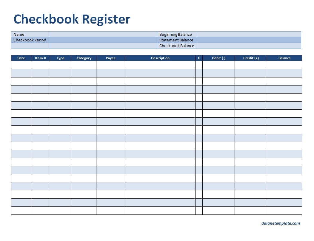 Simple Checkbook Register Template with Columns for Date, Description, Check Number, and Balance