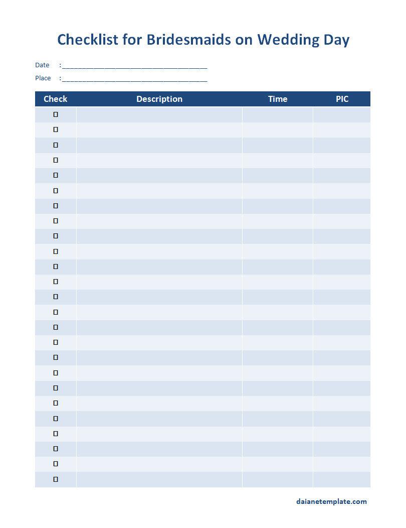 Printable Checklist For Bridesmaids On Wedding Day