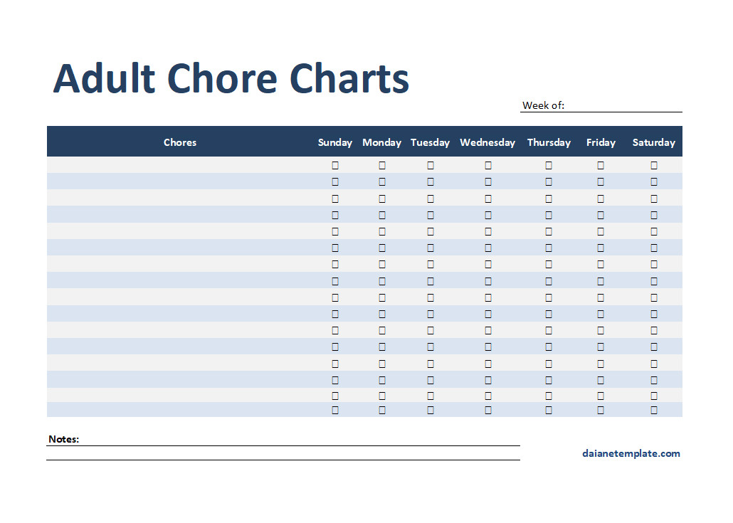 Sample Chore Chart Template for Adults Featuring Columns for Task Assignment and Completion Tracking