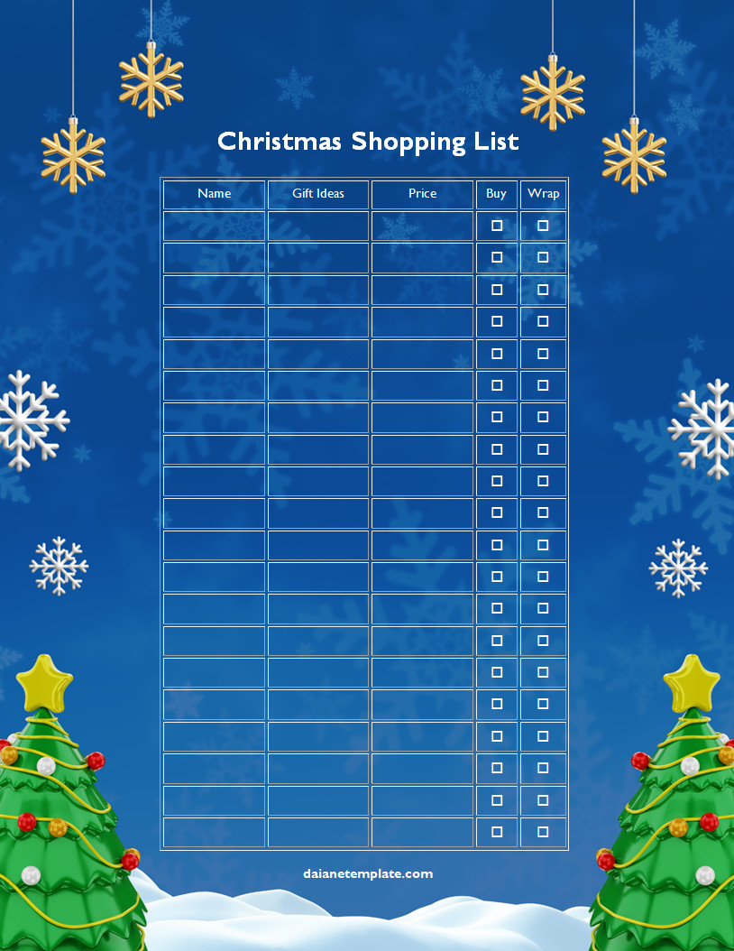 Festive Christmas shopping list template featuring sections for gift ideas, recipients, and price.