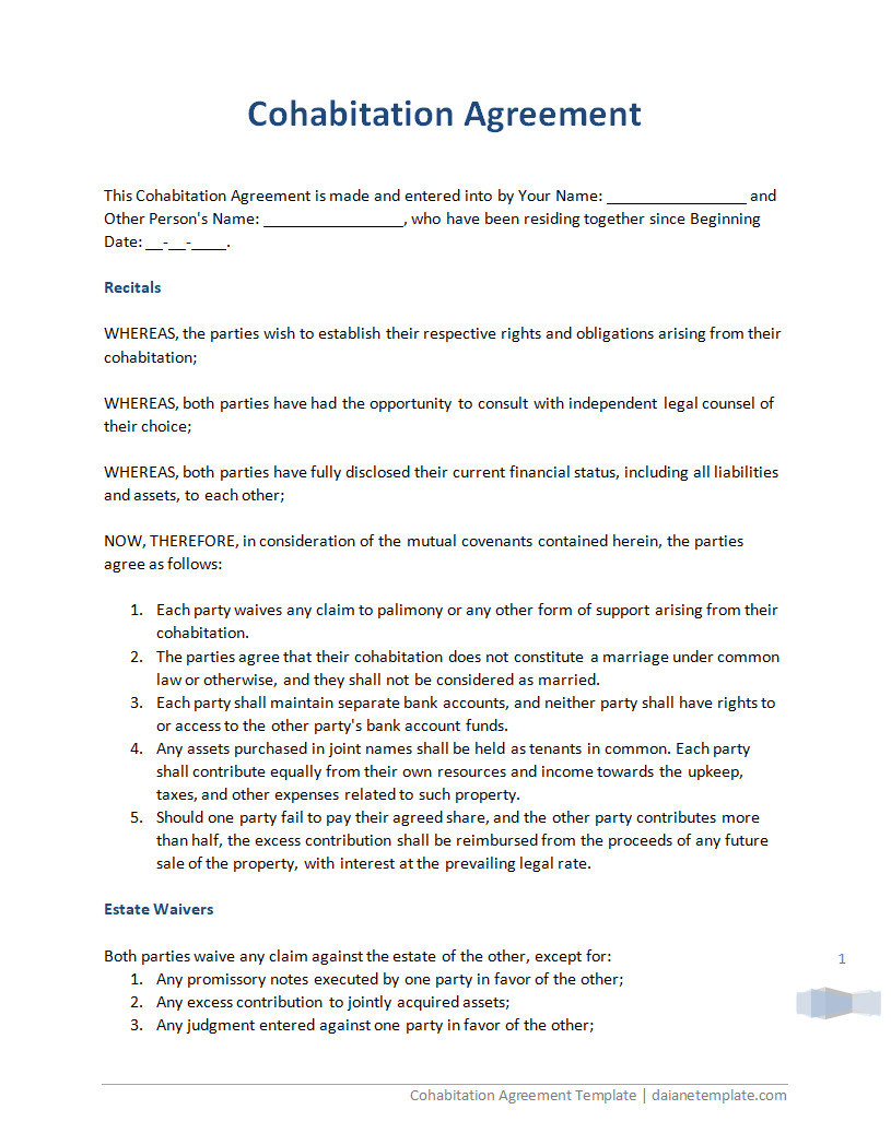 Editable Cohabitation Agreement Template with clear headings for asset division and property management.