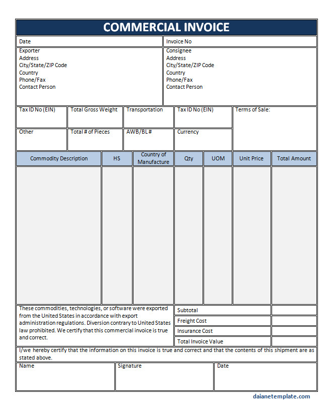 Commercial invoice template featuring fields for shipping details, tax information, and invoice number.