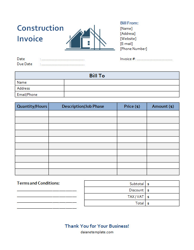 Detailed construction invoice template with sections for client information, project details, itemized costs, and total amount due.