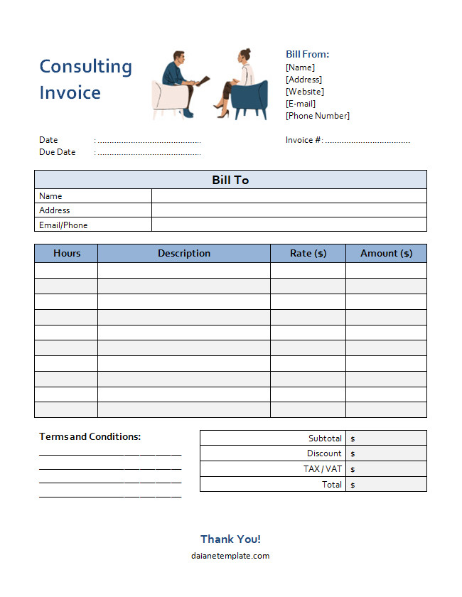 Professional consulting invoice template with sections for client information, consulting services provided, and total amount due.