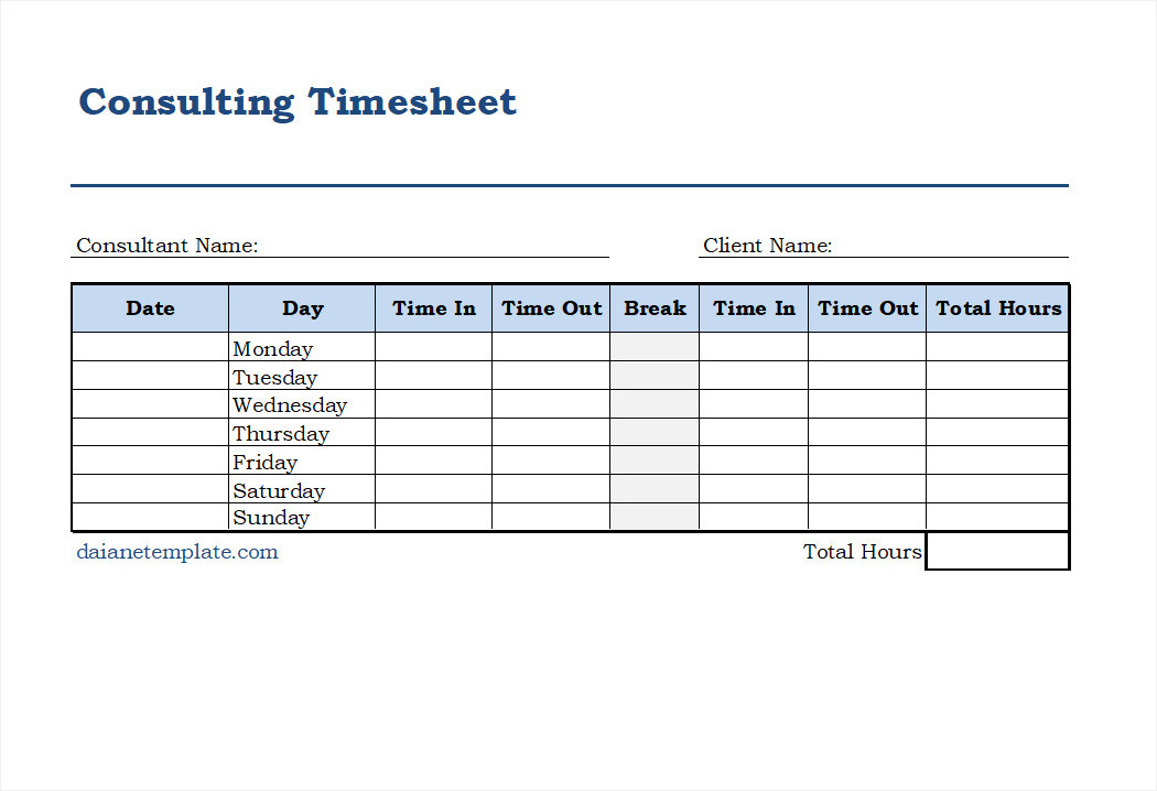 Professional consulting timesheet template displaying daily logs of consulting work, client information, project phases, and total billable hours.