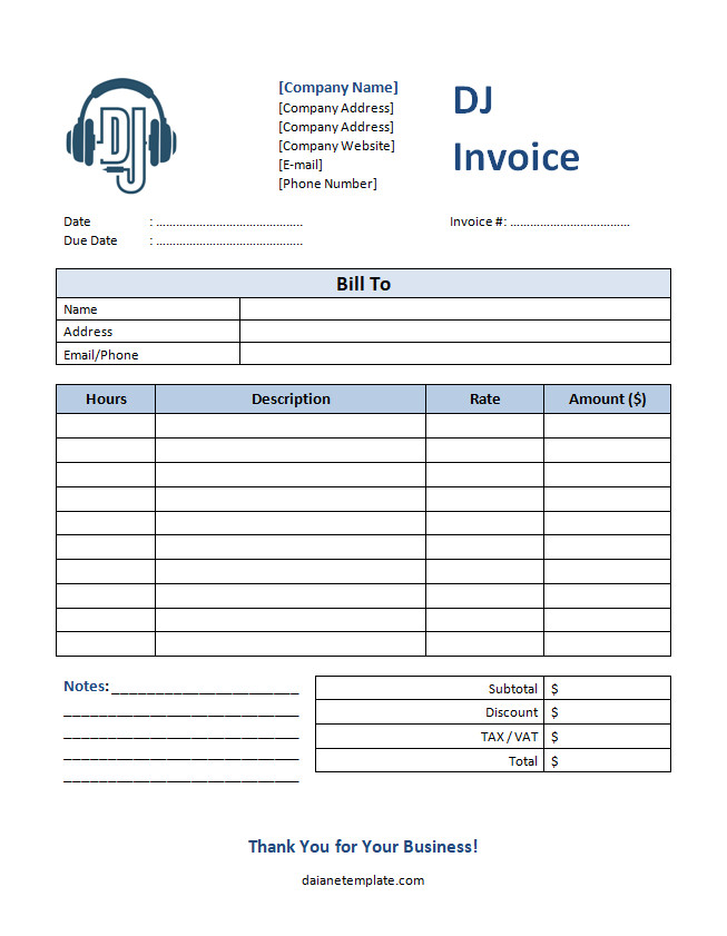 DJ invoice template with fields for performance details, hours worked, and total amount due.