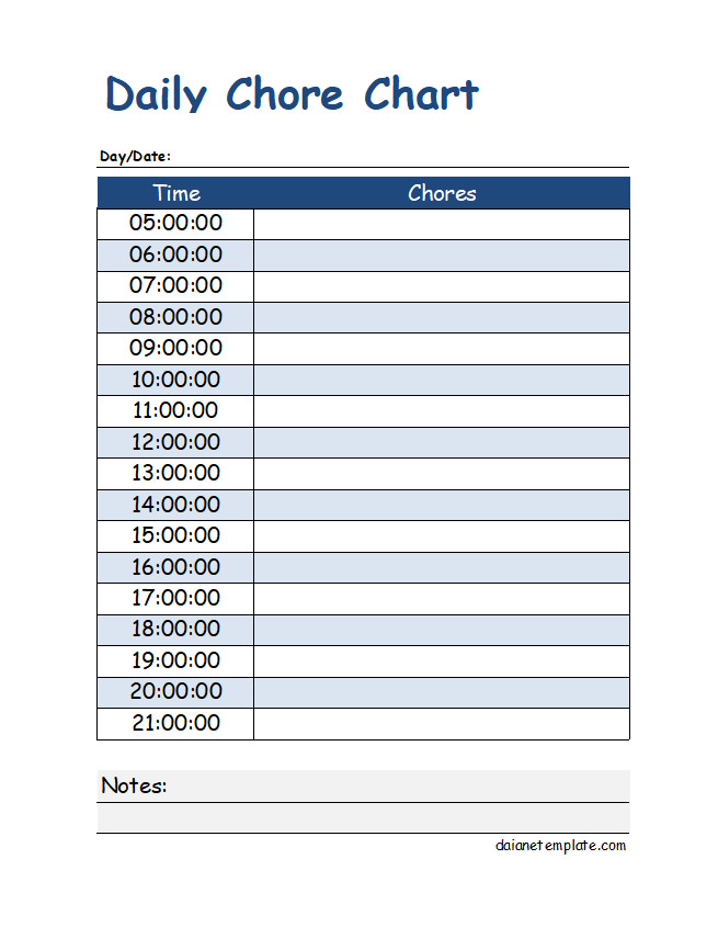 Sample Daily Chore Chart Template Featuring Fields for Listing Household Chores and Time Slots