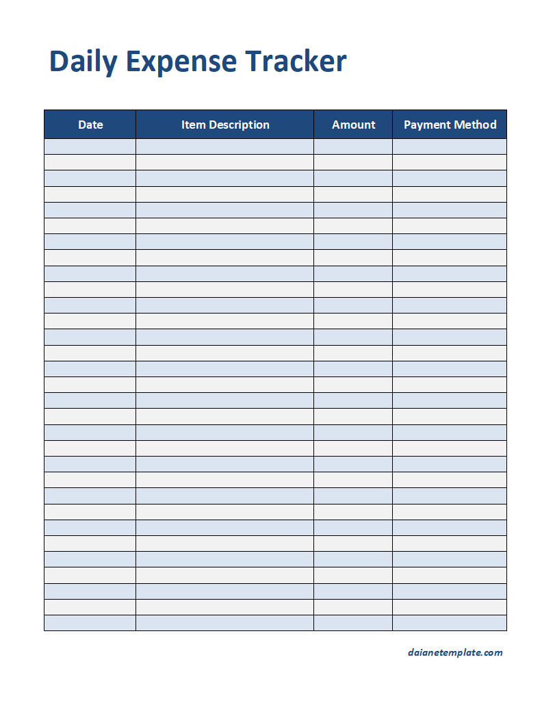 Sample Daily Expense Tracker Template Featuring Fields for Tracking Daily Purchases, Payment Methods, and Running Totals