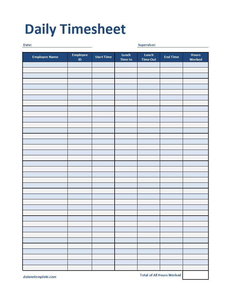 Daily Timesheet Template Layout Showing Organized Format for Monitoring Employee Attendance, Tasks, and Hours Worked Each Day