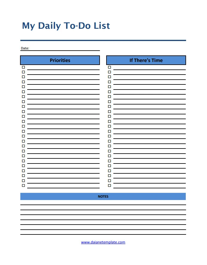 Customizable daily to-do list template for planning daily tasks and scheduling priorities.