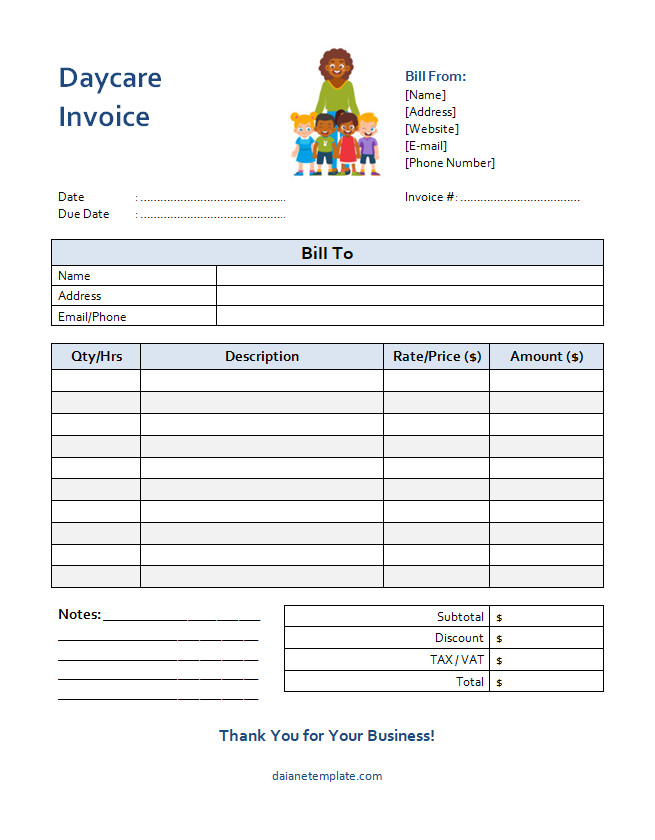 Printable daycare invoice template featuring fields for itemized services, hourly rates, and payment terms/notes area.