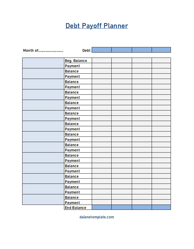 A debt payoff planner worksheet template with sections for listing debts, interest rates, minimum payments, and remaining balances, helping to track and manage debt repayment.