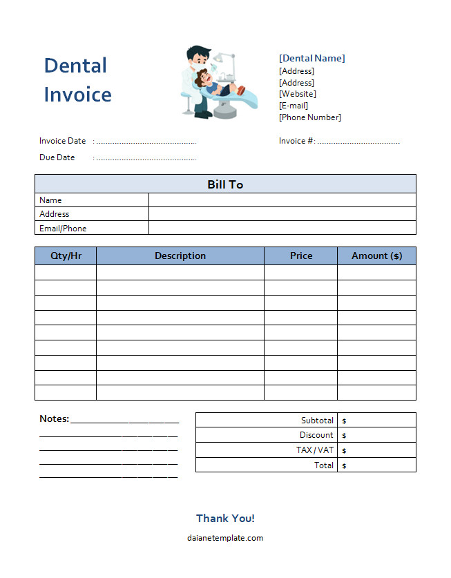 Detailed dental invoice template with sections for patient information, dental services provided, and total amount due.